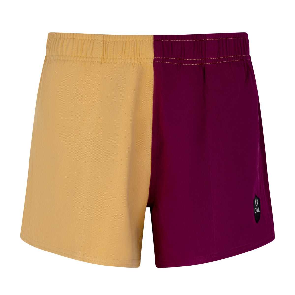 Digby & Litten Maroon & Gold Rugby Shorts — angled product view.