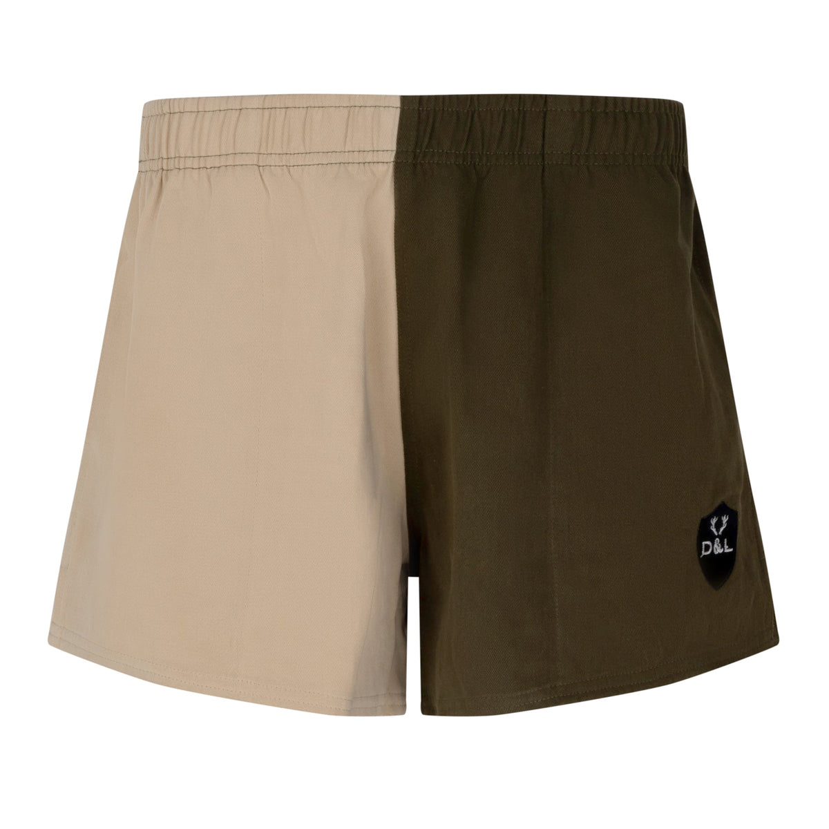 Digby & Litten Khaki & Cream Rugby Shorts — angled product view.