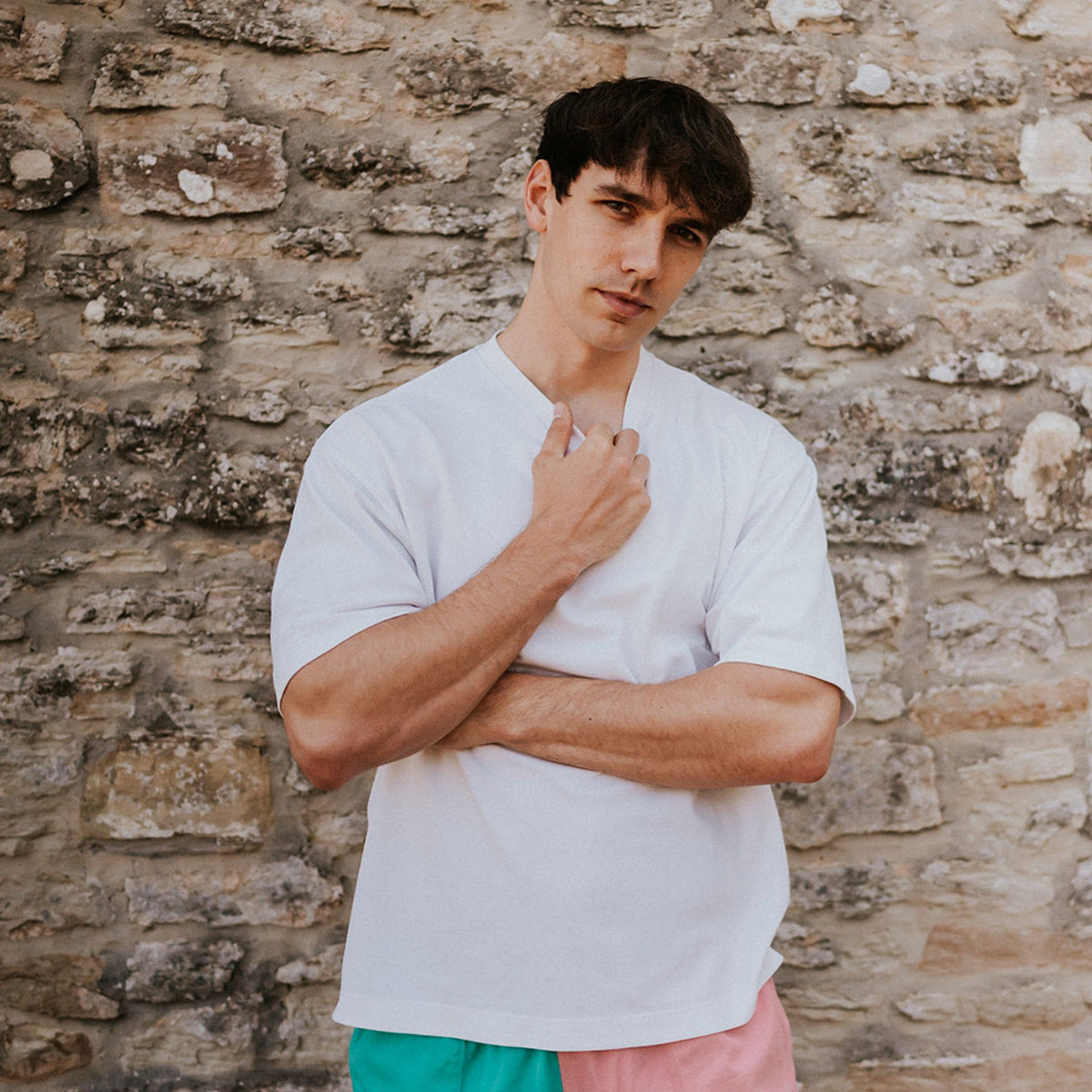 Digby & Litten Coral & Turquoise Rugby Shorts — shown worn.