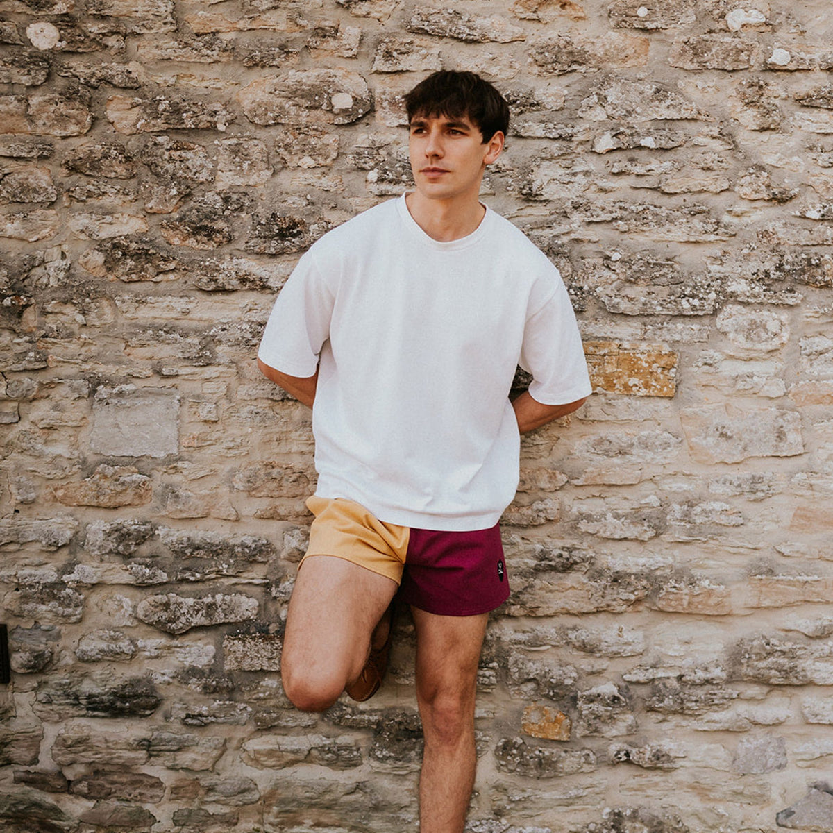 Digby & Litten Maroon & Gold Rugby Shorts — shown worn.