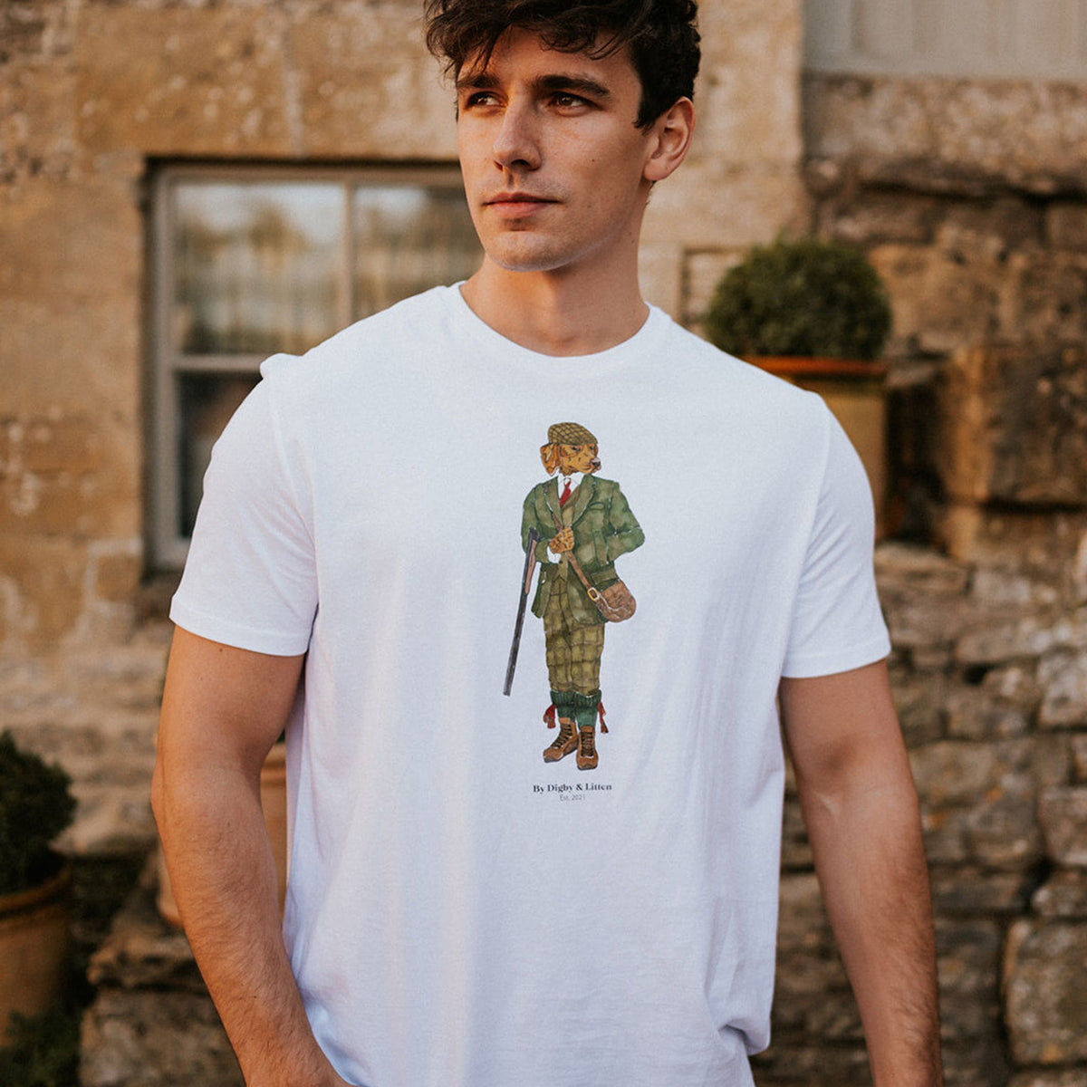 Digby & Litten Shooting Digby T-Shirt — shown worn.