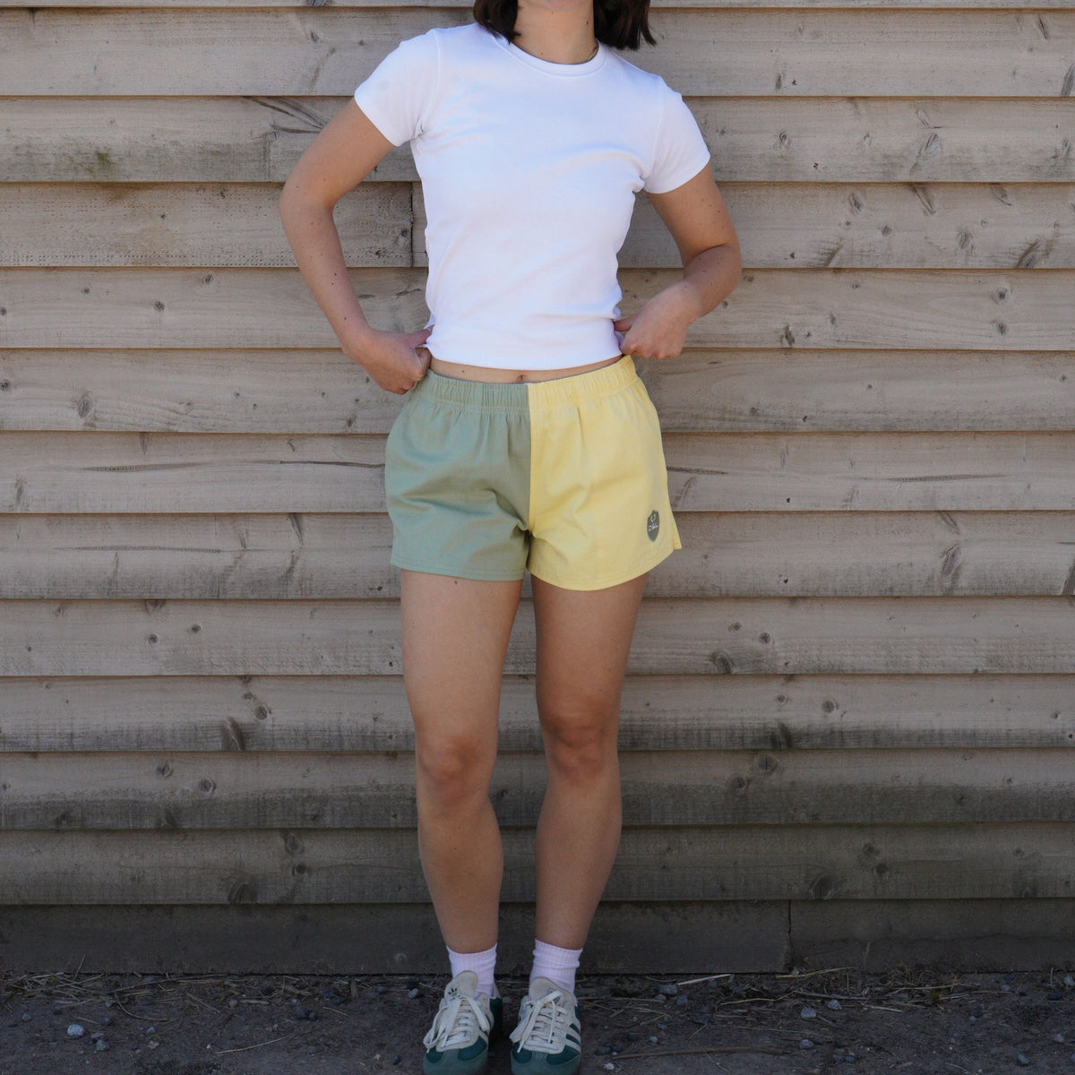 Digby & Litten Lemon & Sage Rugby Shorts — shown worn.