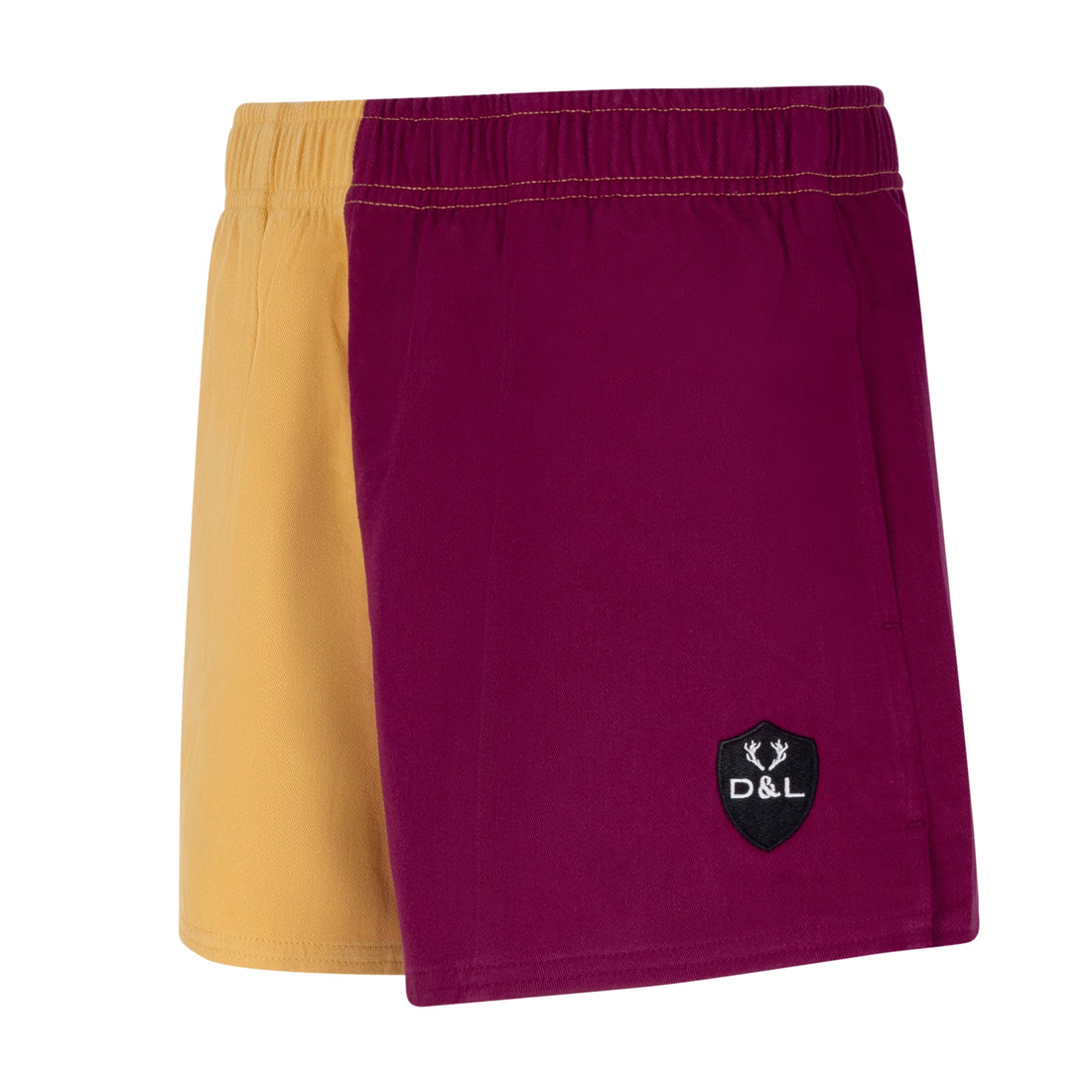 Digby &amp; Litten Maroon &amp; Gold Rugby Shorts — angled product view.