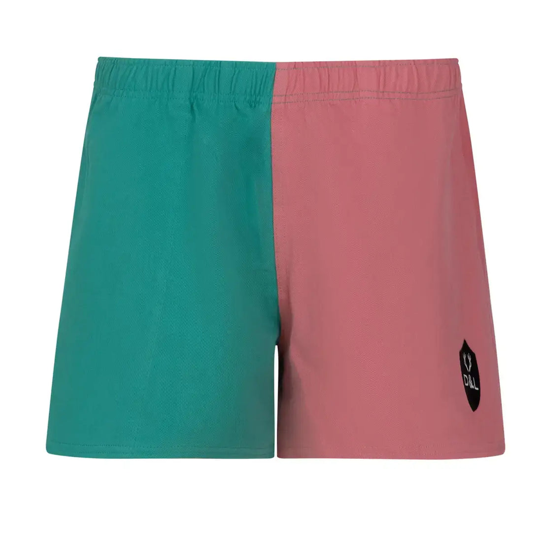 Digby &amp; Litten Coral &amp; Turquoise Rugby Shorts — angled product view.