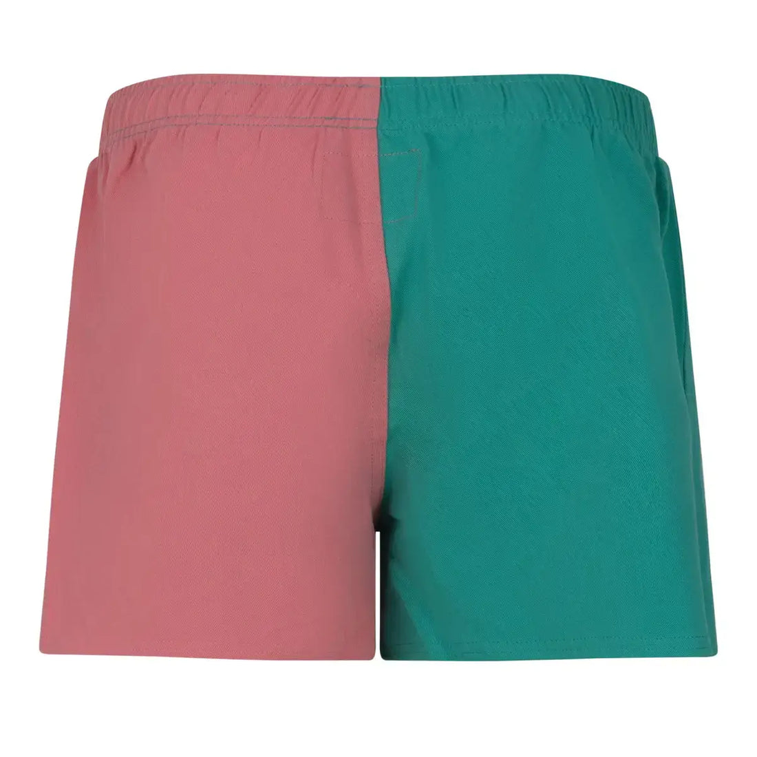 Coral and turquoise rugby shorts — back view.