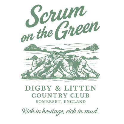 Scrum on the Green rugby illustration with Digby &amp; Litten Country Club lettering.