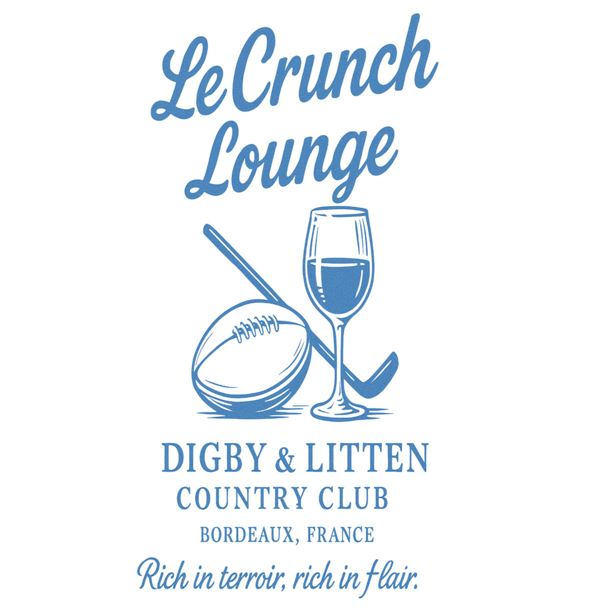 Le Crunch Lounge illustration of a rugby ball, wine glass and crossed clubs in blue.