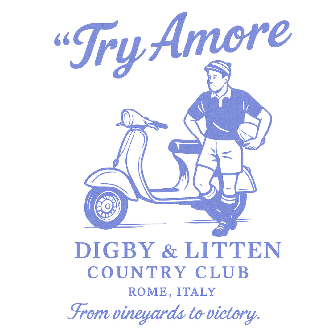 Try Amore illustration of a rugby player beside a scooter in purple.