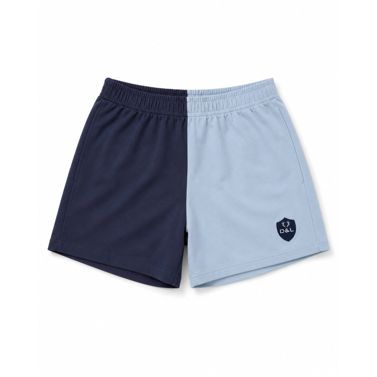 Digby &amp; Litten Baby Blue &amp; Navy Rugby Shorts — front view.