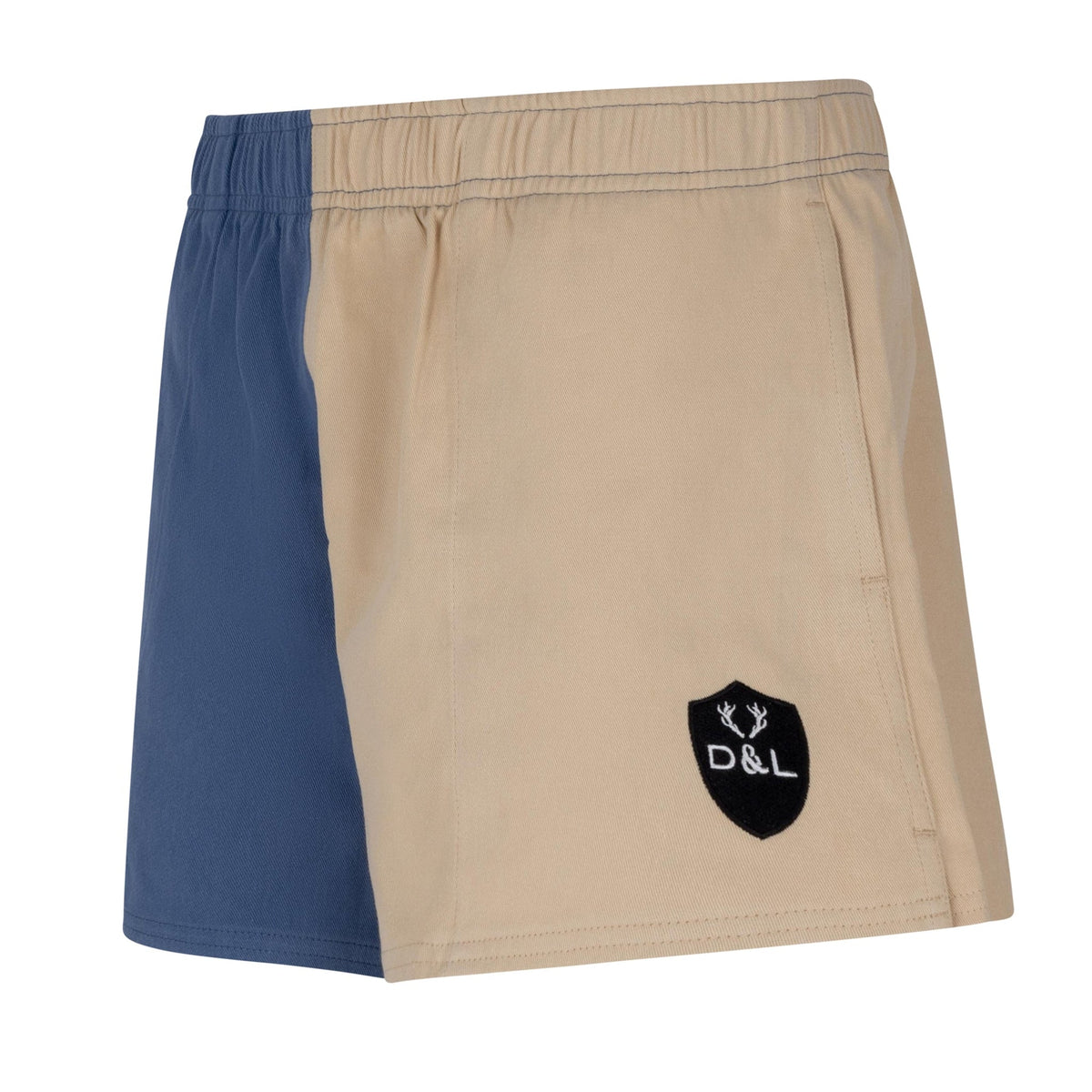 Digby &amp; Litten Blue &amp; Cream Rugby Shorts — angled product view.