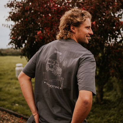 Digby &amp; Litten Charcoal Shooting Days T-Shirt — back view when worn.