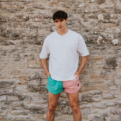 Digby &amp; Litten Coral &amp; Turquoise Rugby Shorts — shown worn.