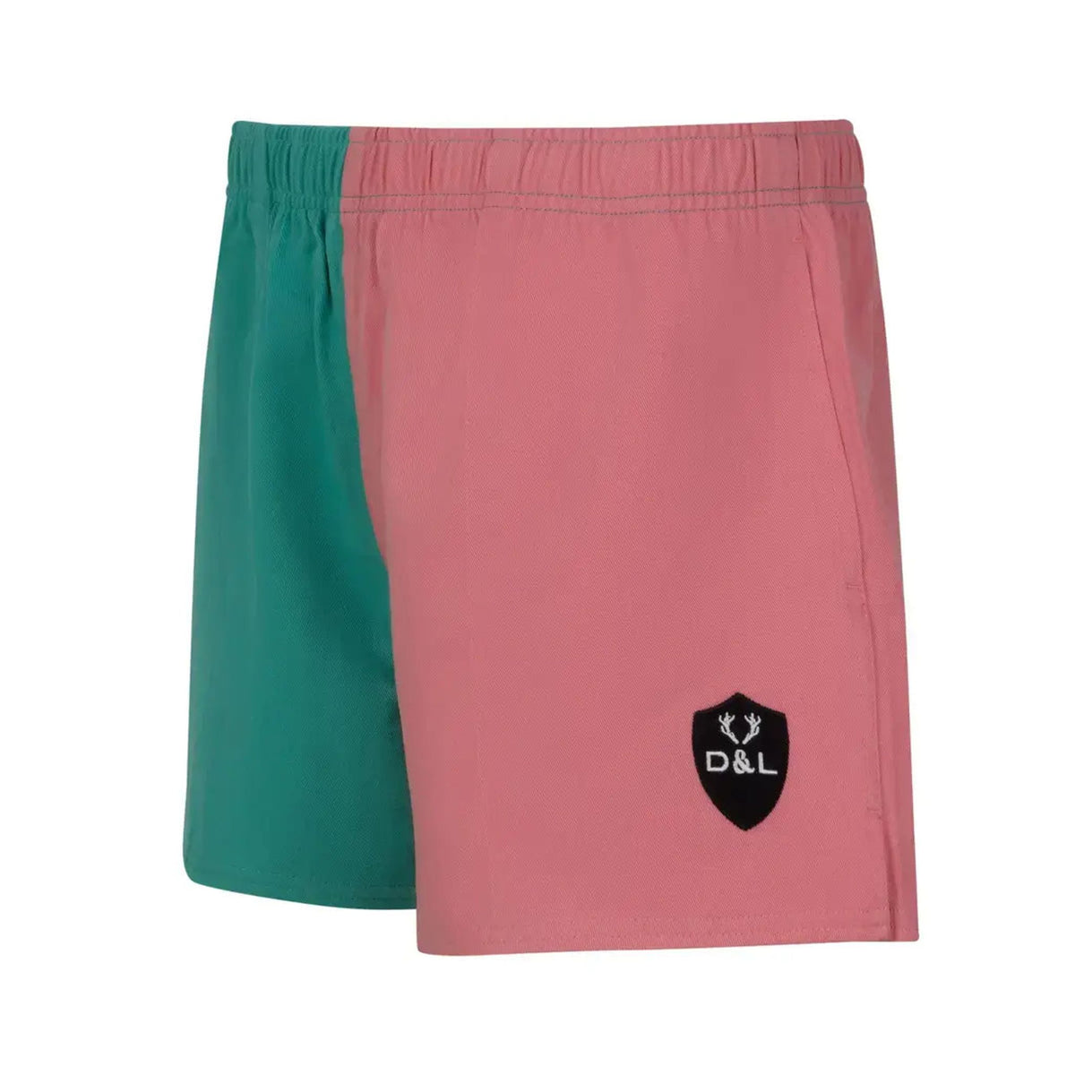 Digby &amp; Litten Coral &amp; Turquoise Rugby Shorts — angled product view.