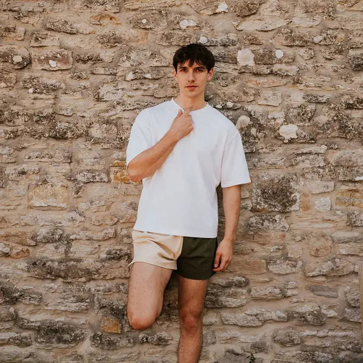 Digby &amp; Litten Khaki &amp; Cream Rugby Shorts — shown worn.