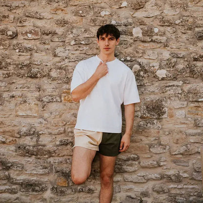 Digby &amp; Litten Khaki &amp; Cream Rugby Shorts — shown worn.