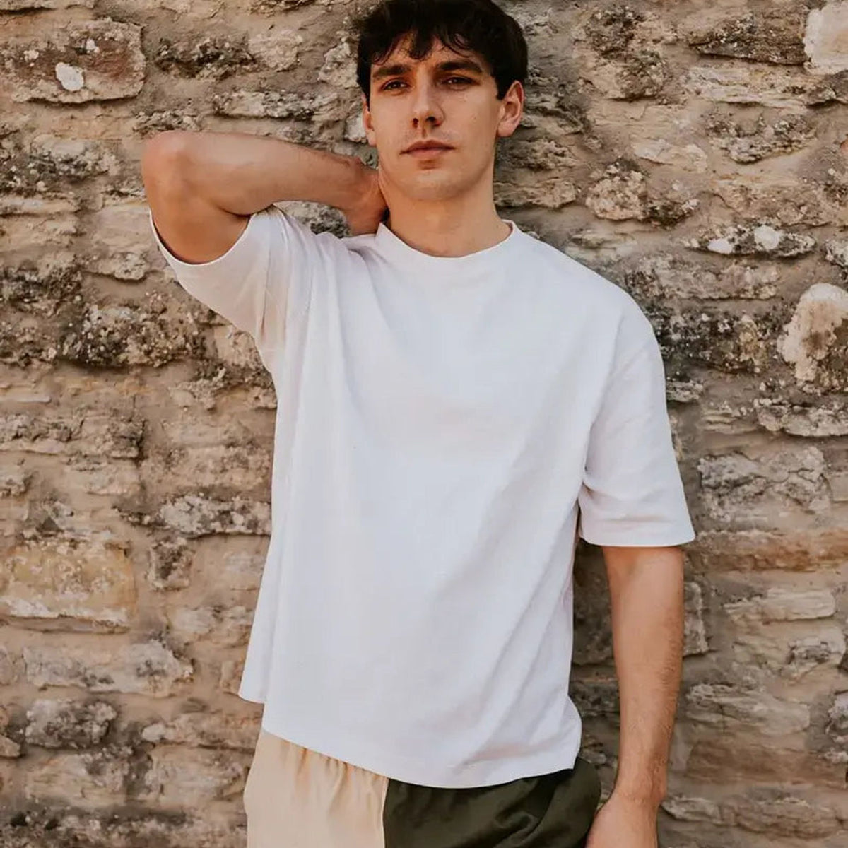 Digby &amp; Litten Khaki &amp; Cream Rugby Shorts — shown worn.