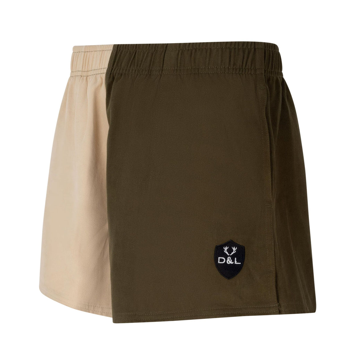 Digby &amp; Litten Khaki &amp; Cream Rugby Shorts — angled product view.