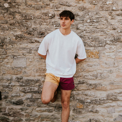 Digby &amp; Litten Maroon &amp; Gold Rugby Shorts — shown worn.