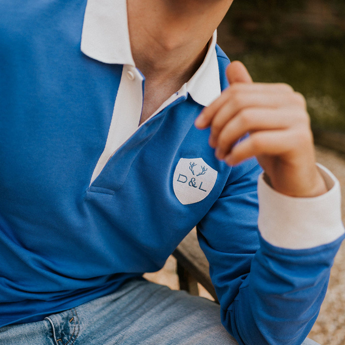Digby &amp; Litten Moorland Mist Rugby Shirt — close-up detail.