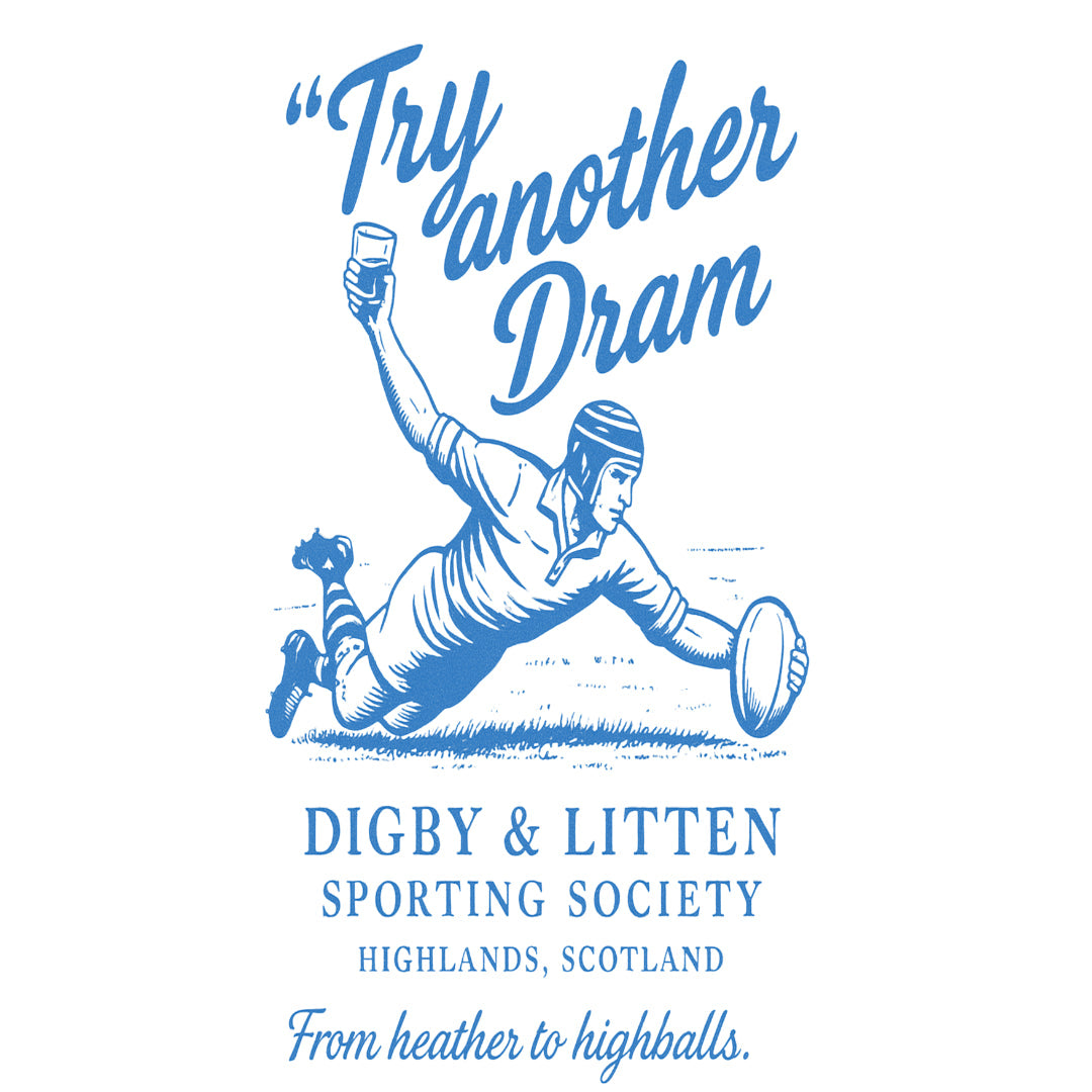 Try Another Dram rugby-player illustration in blue with Digby &amp; Litten lettering.