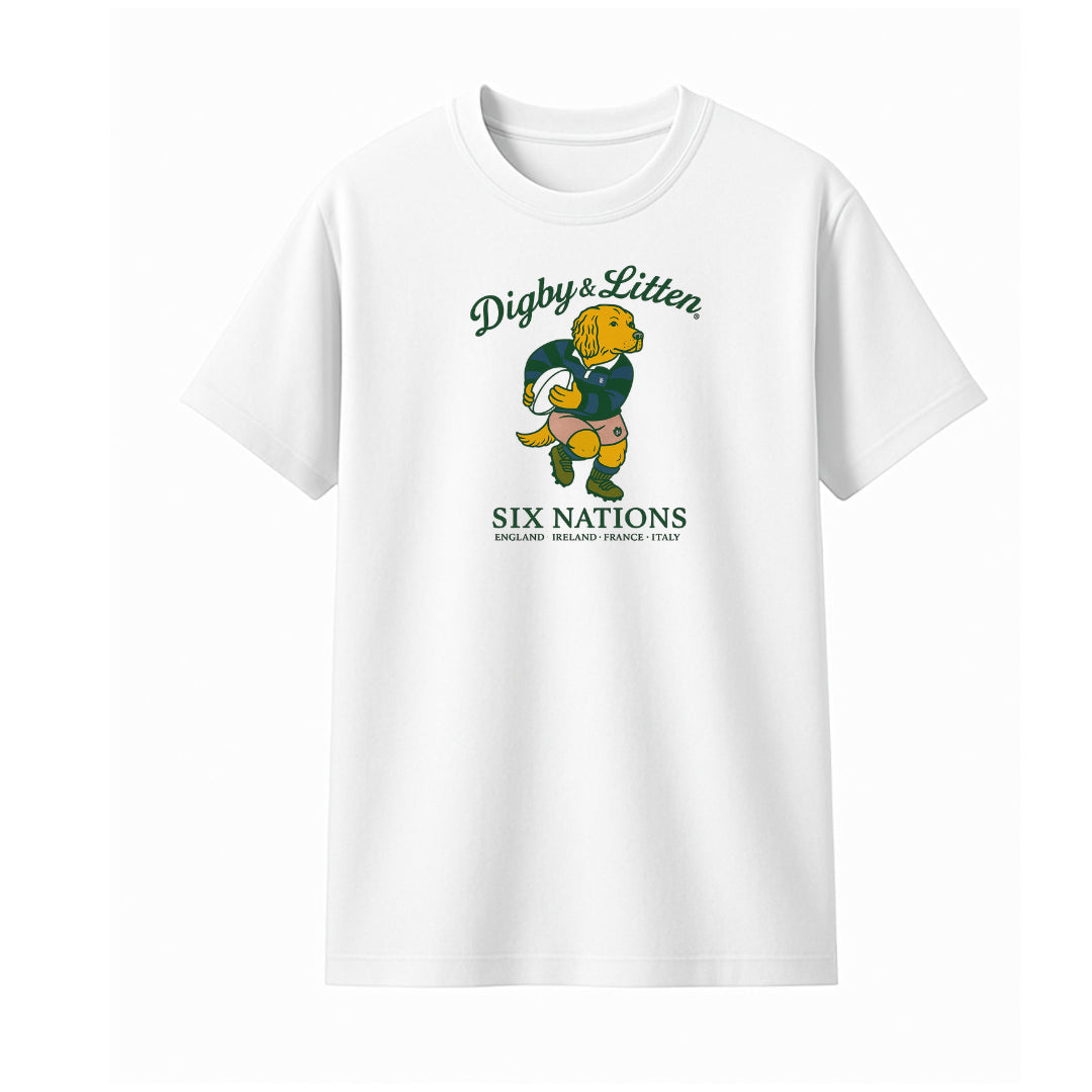 White Digby &amp; Litten Six Nations T-Shirt, front with rugby character graphic and Six Nations lettering.