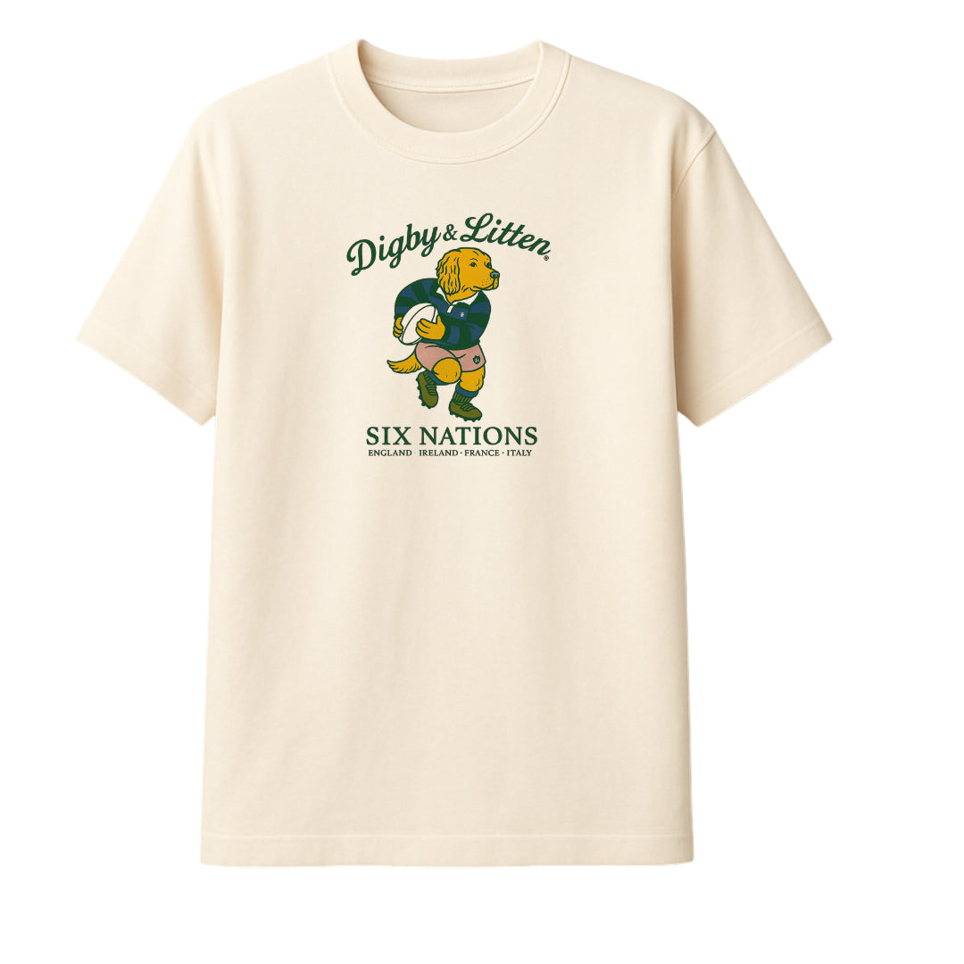 Beige Digby &amp; Litten Six Nations T-Shirt, front with rugby character graphic and Six Nations lettering.