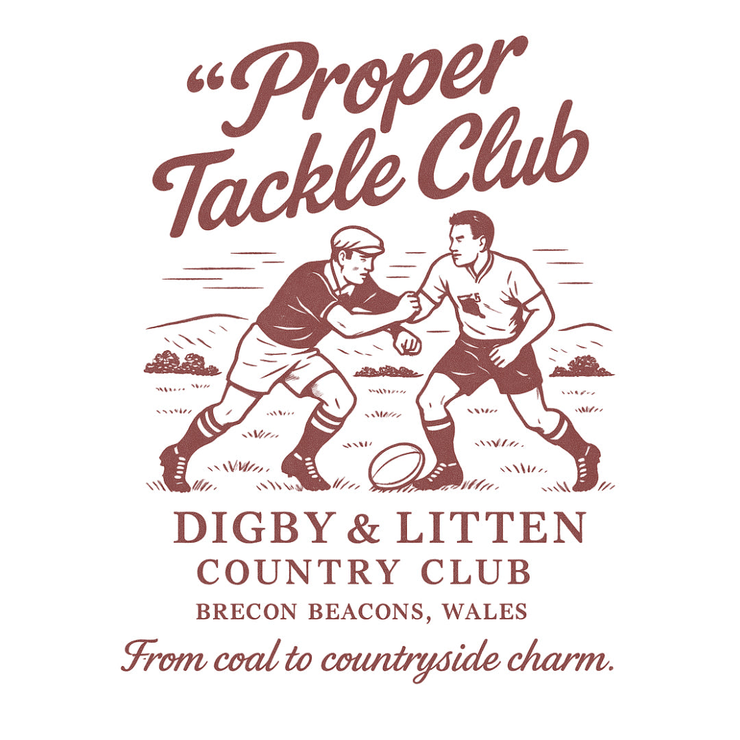 Proper Tackle Club rugby illustration in burgundy with Digby &amp; Litten lettering.