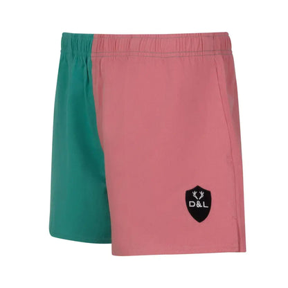 Digby &amp; Litten Coral &amp; Turquoise Rugby Shorts — angled product view.