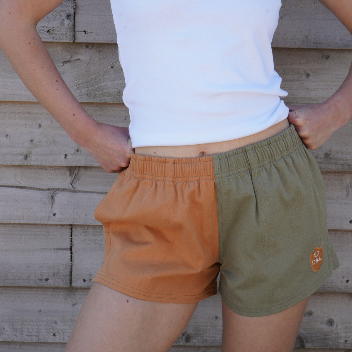 Digby &amp; Litten Harvest &amp; Hedgerow Rugby Shorts — close-up detail.