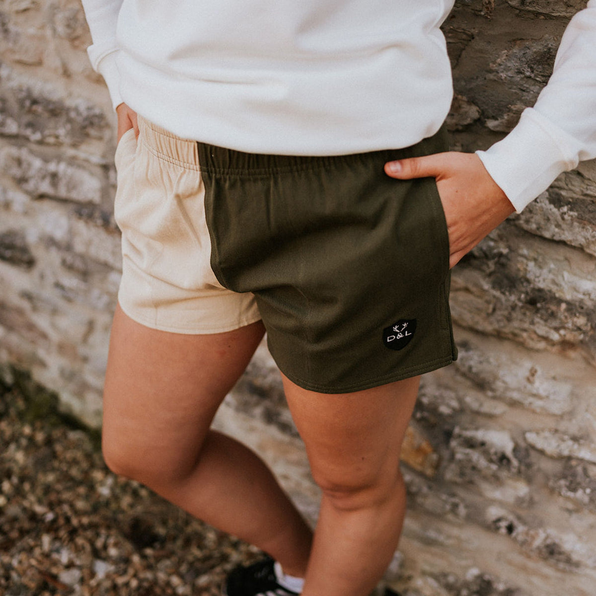 Digby &amp; Litten Khaki &amp; Cream Rugby Shorts — close-up detail.