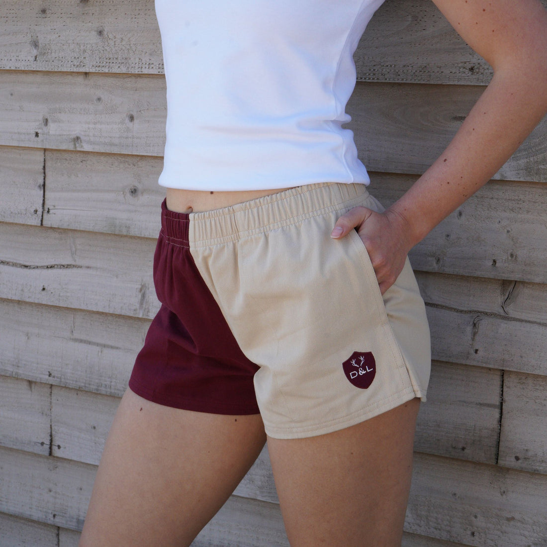 Digby &amp; Litten Maroon &amp; Cream Rugby Shorts — close-up detail.