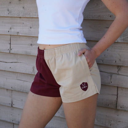 Digby &amp; Litten Maroon &amp; Cream Rugby Shorts — close-up detail.