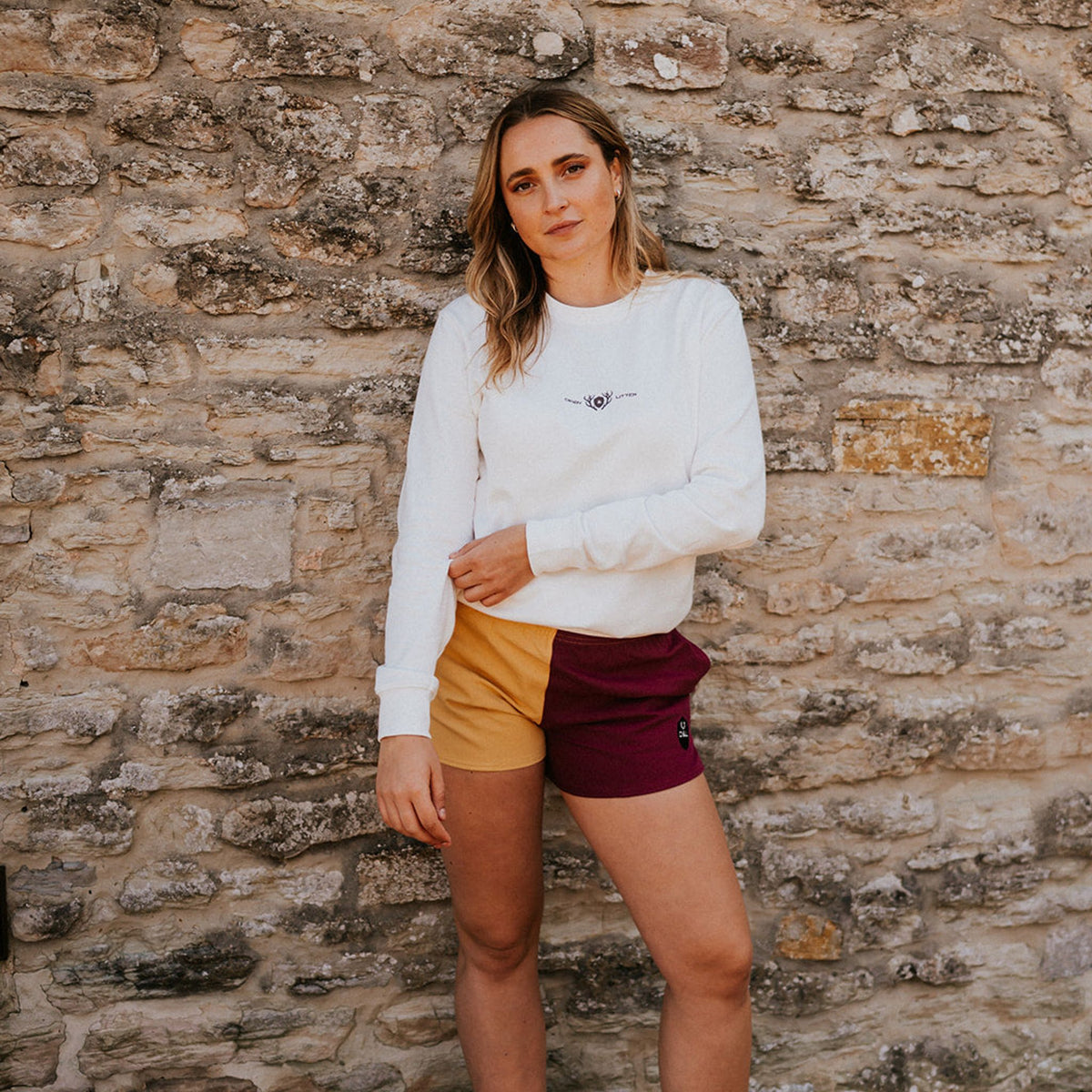 Digby &amp; Litten Maroon &amp; Gold Rugby Shorts — shown worn.