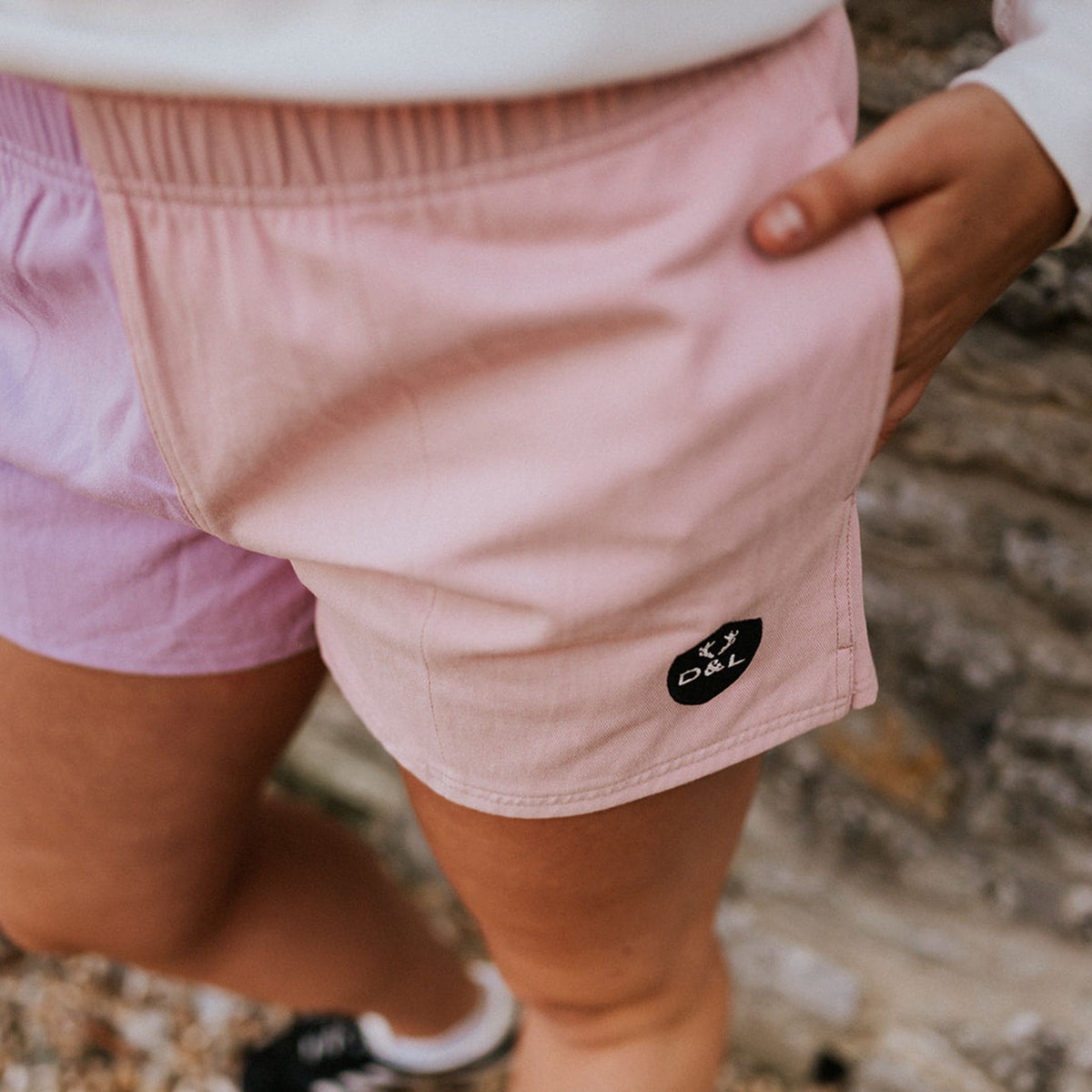 Digby &amp; Litten Pink &amp; Purple Rugby Shorts — close-up detail.
