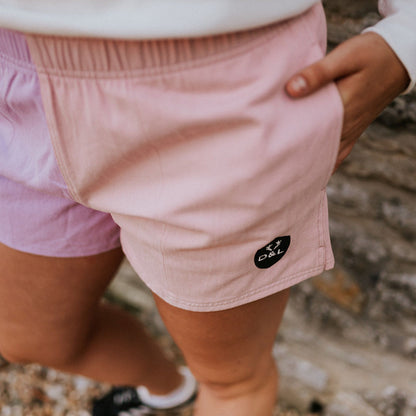 Digby &amp; Litten Pink &amp; Purple Rugby Shorts — close-up detail.